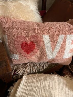 Plush Pink 'LOVE' Hooked Accent Pillow with Red Heart